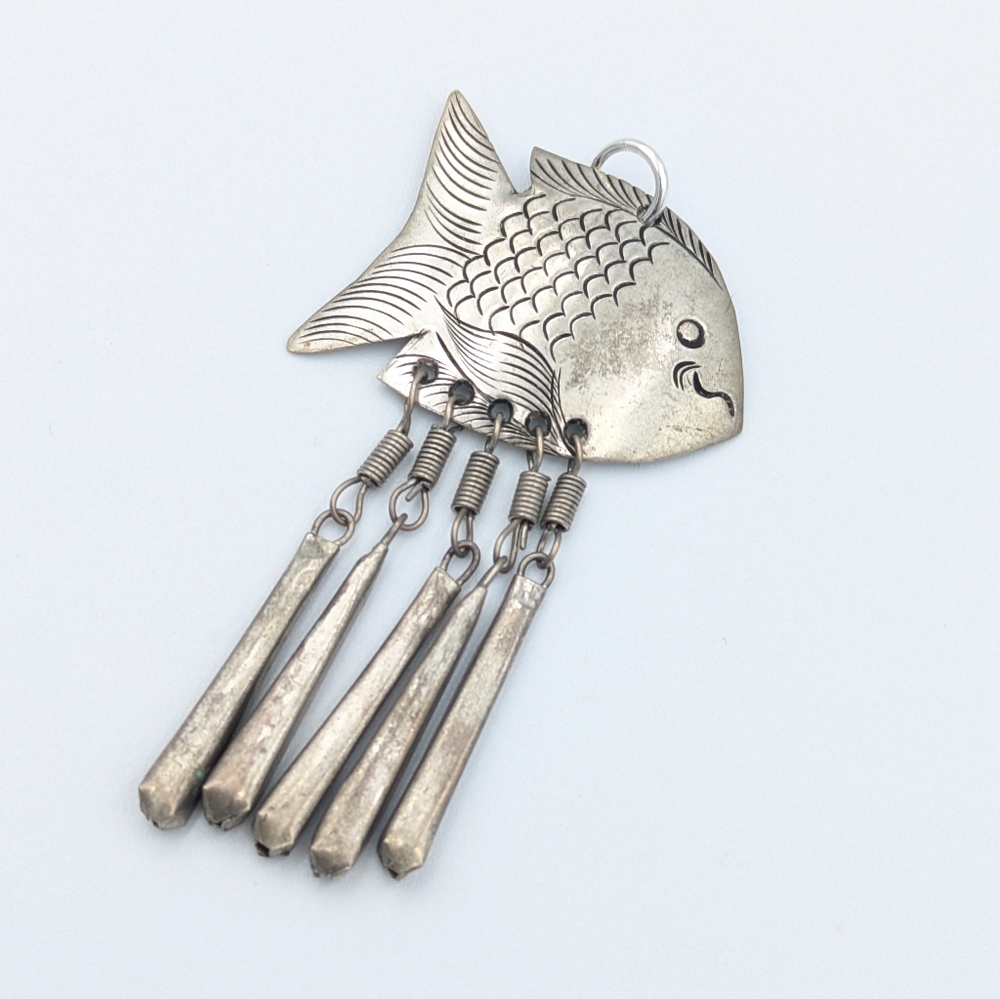 Vintage fish with long dangle charms silver tone pendant